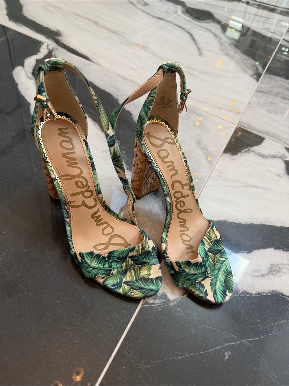 Sam Edelman Tropical Green Leaf Print Block Heel Sandals